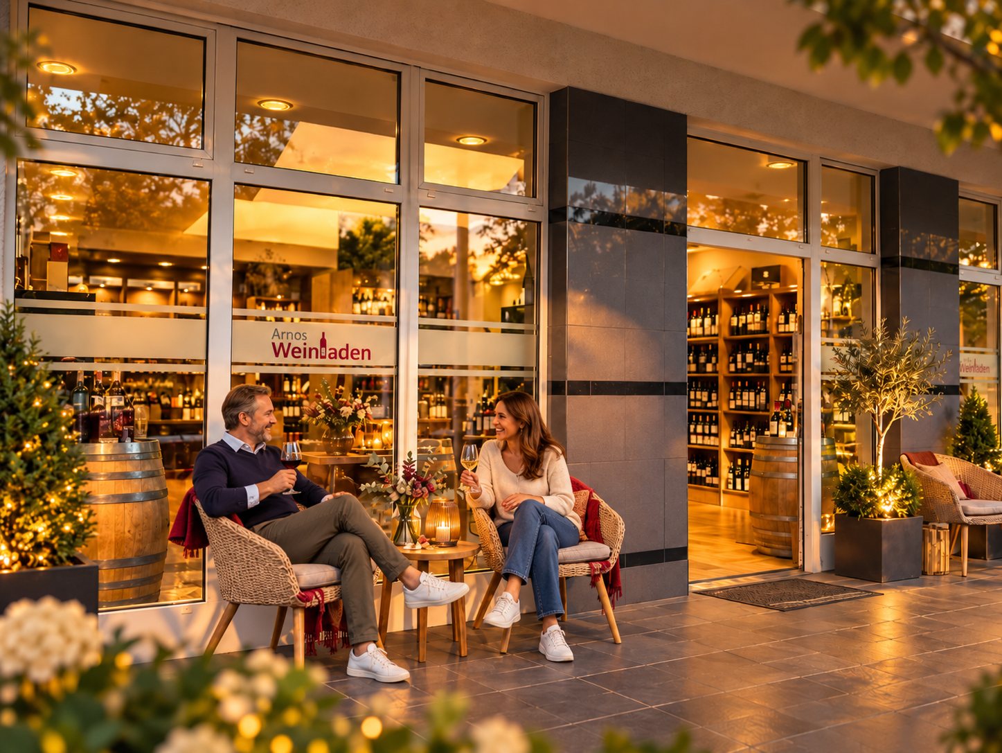 Abendstimmung vor Arnos Weinladen: Zwei Gäste sitzen mit einem Glas Wein auf der Terrasse vor den beleuchteten Schaufenstern