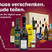 Adventsangebote bei Arnos Weinladen: Weine, Sekt und Feinkost vor einem Adventskalender, Schriftzug „Genuss verschenken. Freude teilen.“