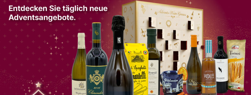 Adventsangebote bei Arnos Weinladen: Weine, Sekt und Feinkost vor einem Adventskalender, Schriftzug „Genuss verschenken. Freude teilen.“