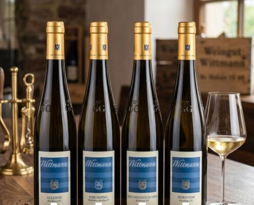 Vier Weinflaschen Wittmann Riesling GG aus den Lagen Aulerde, Kirchspiel, Brunnenhäuschen und Morstein, daneben ein gefülltes Weinglas