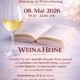 Einladung von Arnos Weinladen zur Weinverkostung „Wein & Heine" am 08. Mai 2026, 19:30–22:00 Uhr, mit Gedichten von Heinrich Heine, vorgetragen von Rui Baptista, inklusive kleinem Buffet. Kostenbeitrag 65 € pro Person. Reservierung unter Tel. 033056-242482 oder mail@arnos-weinladen.de