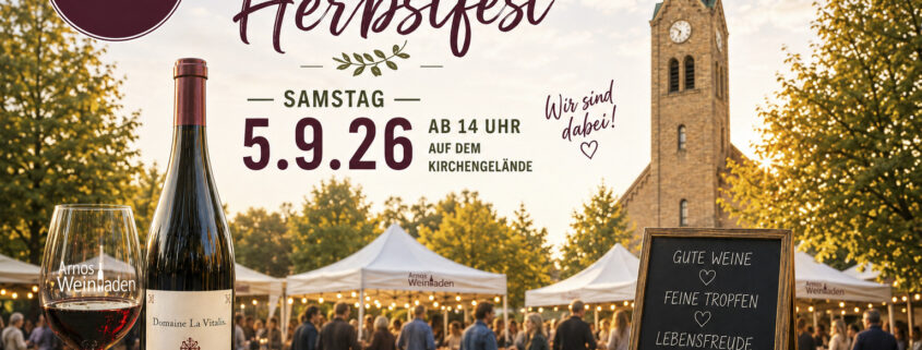 Glienicker Herbstfest von Arnos Weinladen, Samstag 5.9.26 ab 14 Uhr auf dem Kirchengelände. Gute Weine, feine Tropfen, Lebensfreude – wir freuen uns auf Sie!