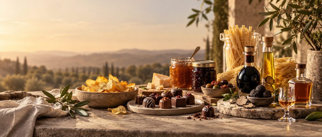 Feinkost auf einem Steintisch im Abendlicht: Trüffelchips, Pralinen, Fruchtaufstriche, Pasta, Trüffel, Balsamico, Olivenöl und Obstbrand