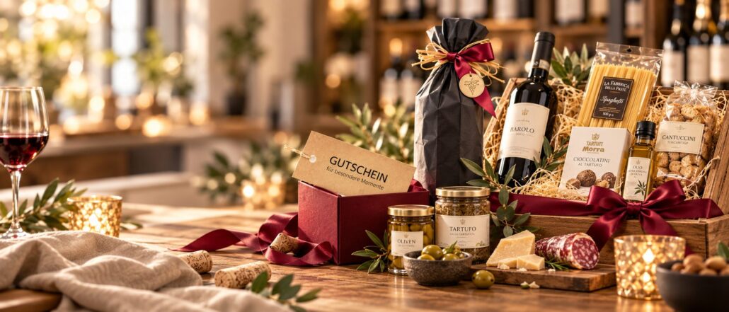 Präsentkorb mit Barolo, Pasta, Trüffelprodukten und Cantuccini, daneben eine verpackte Weinflasche und ein Gutschein in roter Box auf einem Holztisch