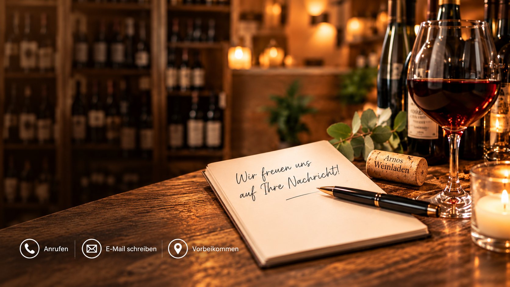 Notizbuch mit der Aufschrift „Wir freuen uns auf Ihre Nachricht!“, Korken von Arnos Weinladen und ein Glas Rotwein auf einem Holztisch im Weinladen