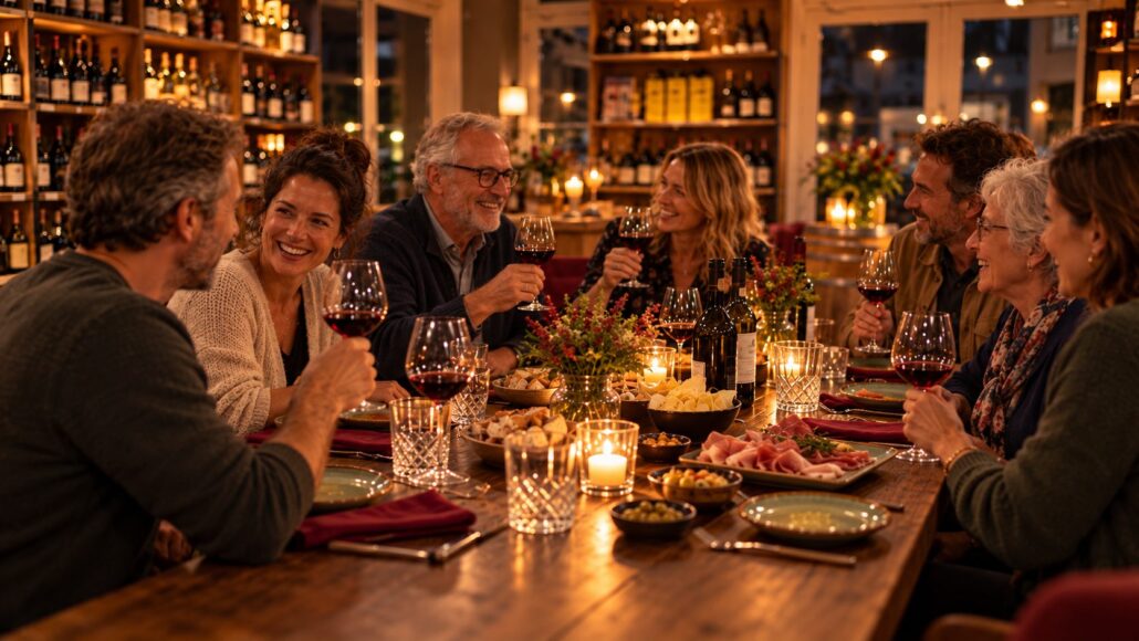 Weinrunde in Arnos Weinladen: Gäste stoßen am langen Holztisch mit Rotwein an, dazu Schinken, Käse, Oliven und Kerzenlicht vor Weinregalen